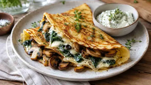 Herzhafte Pfannkuchen gefüllt mit Spinat und Pilzen, überbacken mit Käse, serviert mit Kräuterquark.