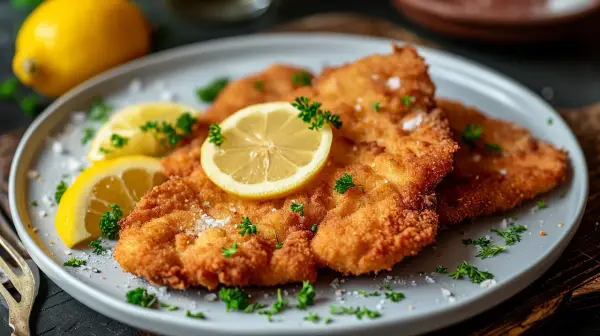 Goldbraunes Wiener Schnitzel auf grauem Teller, garniert mit Zitronenscheiben und Petersilie. Ein Klassiker, der Appetit macht.