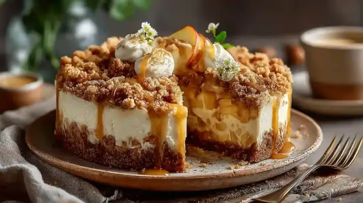 Ein köstlicher Apfel-Crumble-Käsekuchen, dekoriert mit Sahne und Karamell. Ein perfektes Crumble Rezept für Genießer.