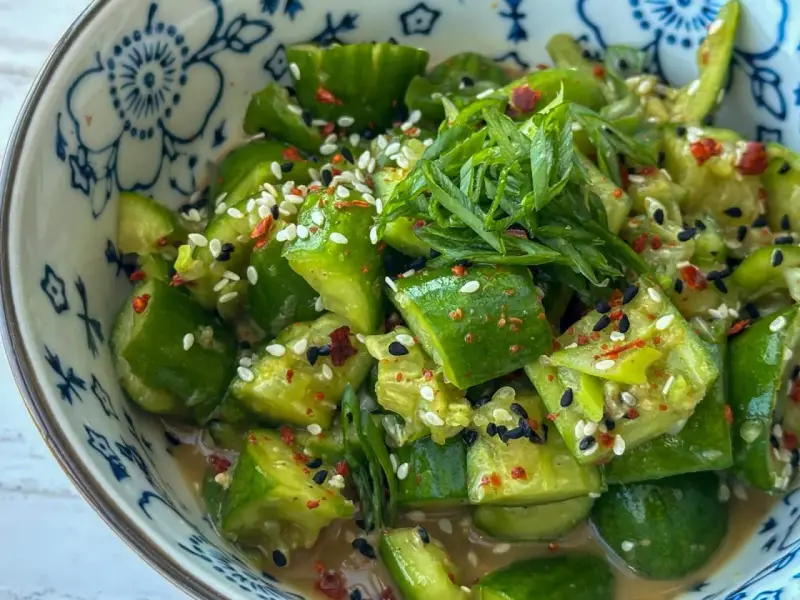 Erfrischender asiatischer Gurkensalat mit Sesam, Chili und Frühlingszwiebeln in einer blumengemusterten Schüssel.
